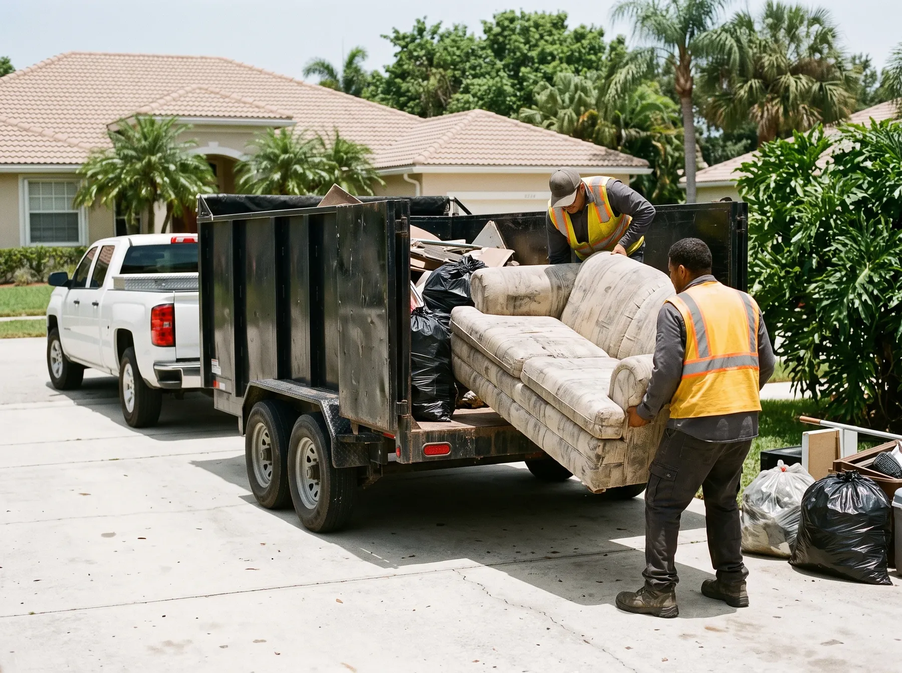 Crew loading furniture and debris into a dump trailer