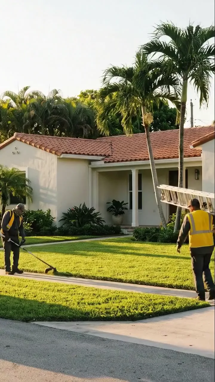 Crew maintaining a restored single-family home in Miami at dusk